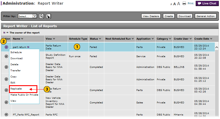 Report Writer page with Replicate option highlighted